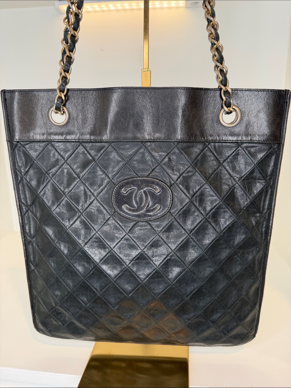 CHANEL Black Quilted Leather Chain-Handle Tote Bag
